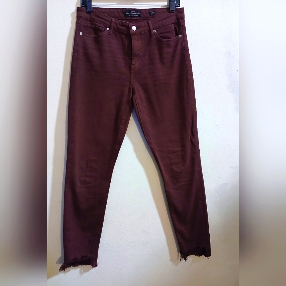 Lucky Brand Ava Skinny Distresse Frayed Hem Burgundy Red Jeans Women's Sz 10/30